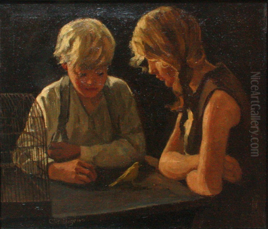A boy and a girl with a canary. Oil Painting by Christian Aigens