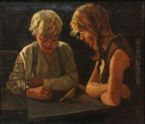 A boy and a girl with a canary.