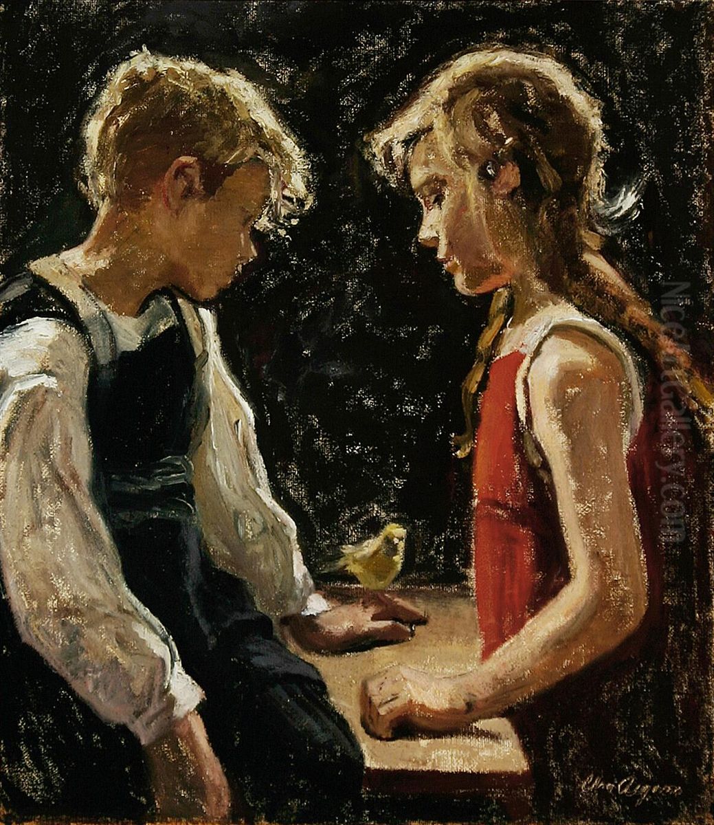 Dreng og pige med kanariefugl. (72 x 63 cm). Oil Painting by Christian Aigens