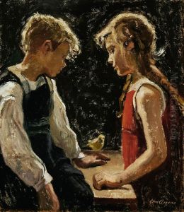 Dreng og pige med kanariefugl. (72 x 63 cm).