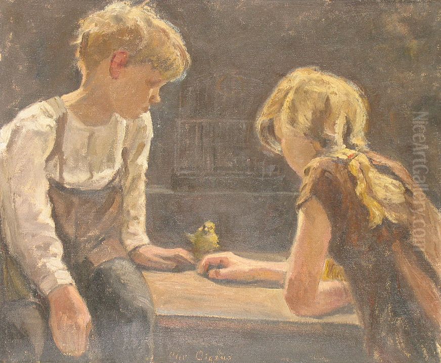 Dreng og pige, der leger med undulat. Oil Painting by Christian Aigens