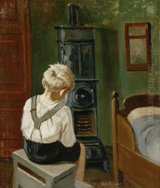 A boy sitting near a bed and burning stove. Oil Painting by Christian Aigens