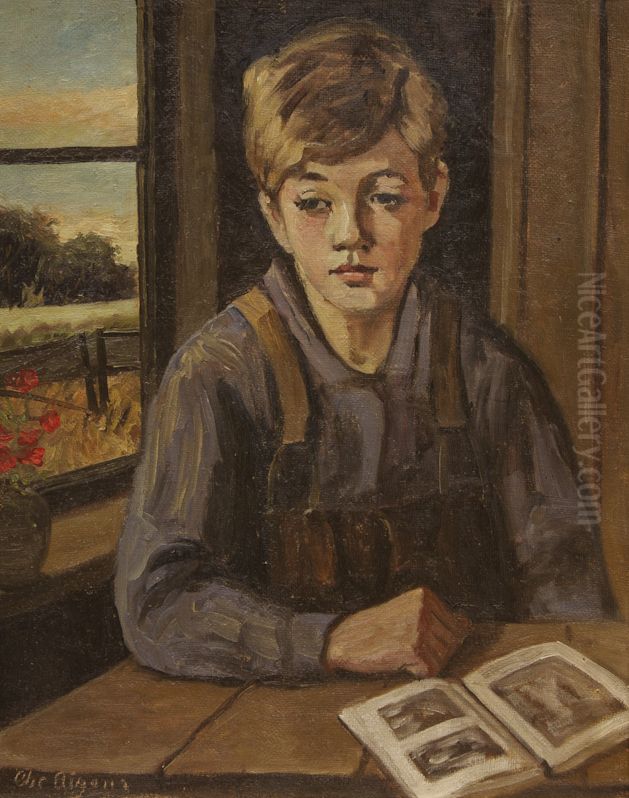 Dreng siddende ved en vindueskarm. Oil Painting by Christian Aigens
