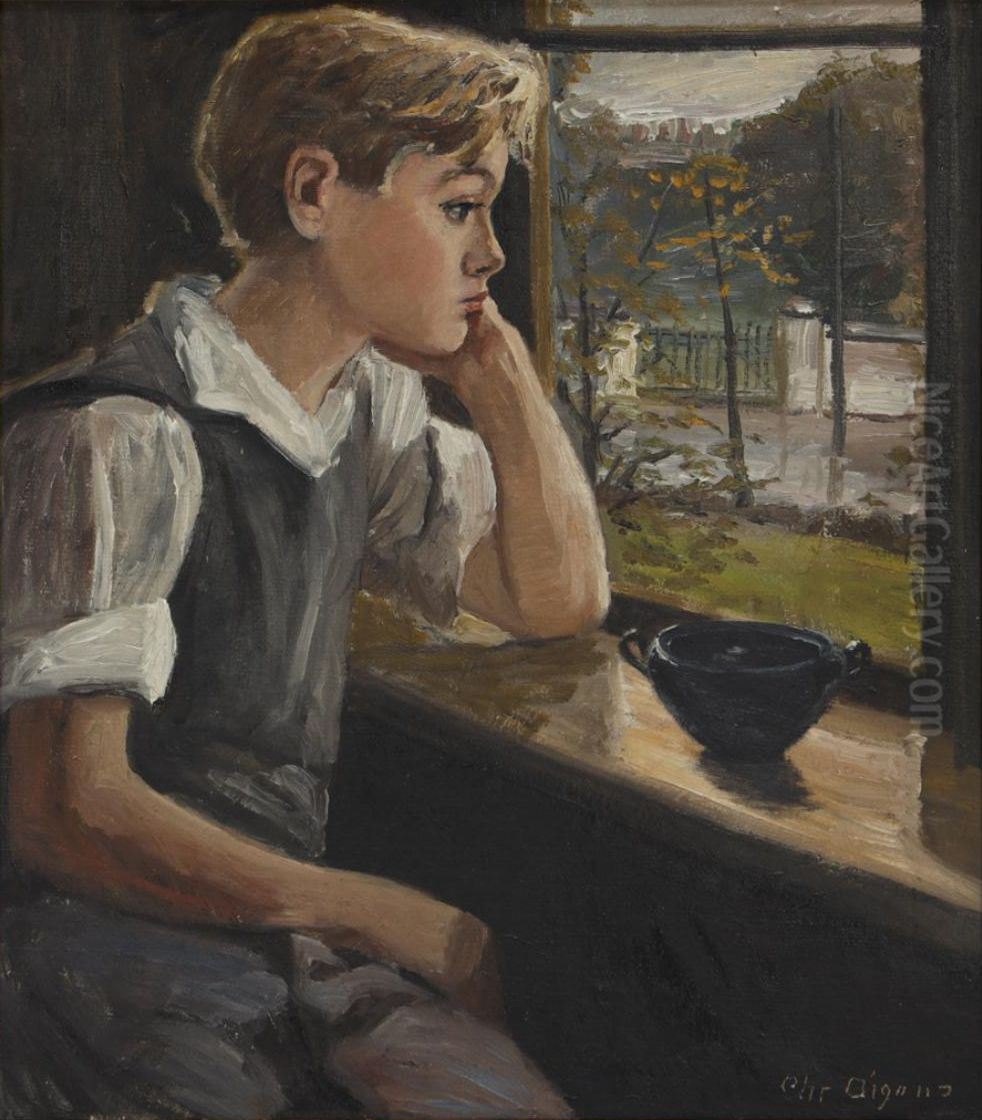 Dreng siddende ved vindue. (60 x 51 cm). Oil Painting by Christian Aigens