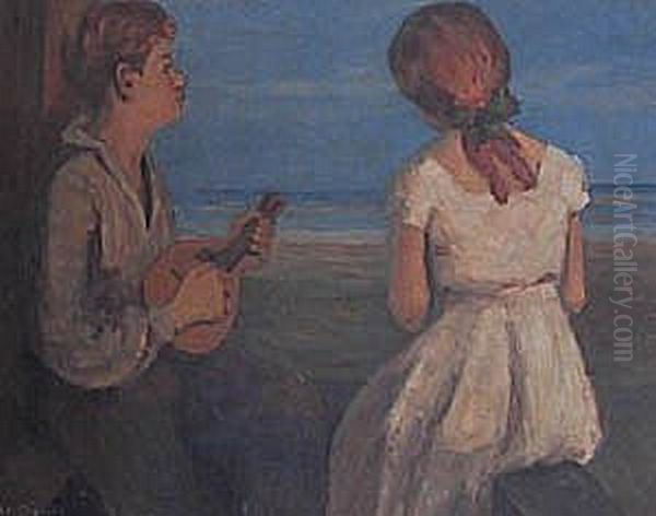 Dreng spiller mandolin for en pige. Oil Painting by Christian Aigens