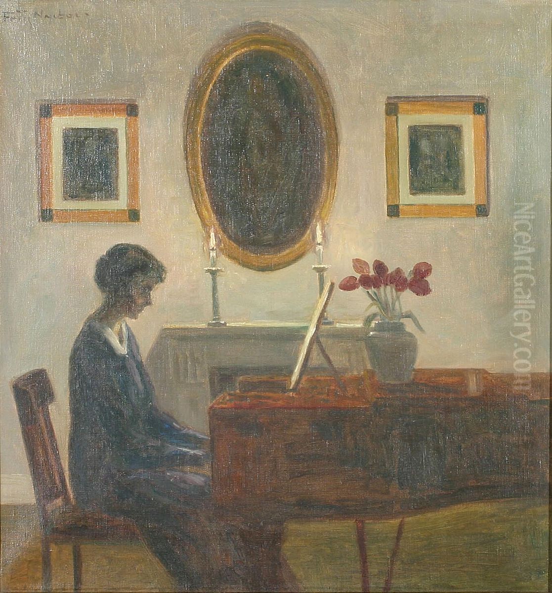 Interior with a woman by a spinet. Oil Painting by Poul Friis Nybo