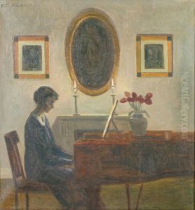 Interior with a woman by a spinet.