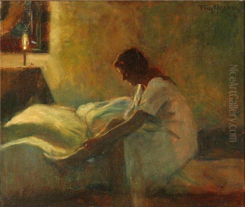 Schlafzimmer mit sich entkleidender Dame Oil Painting by Poul Friis Nybo