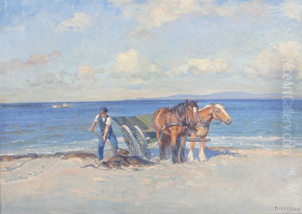Collecting seaweed on a beach. Oil Painting by Borge Nyrop