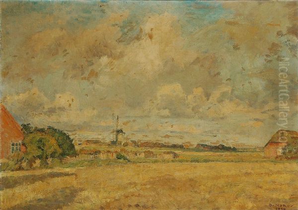 Landscape with fields and a view to a mill. Oil Painting by Borge Nyrop