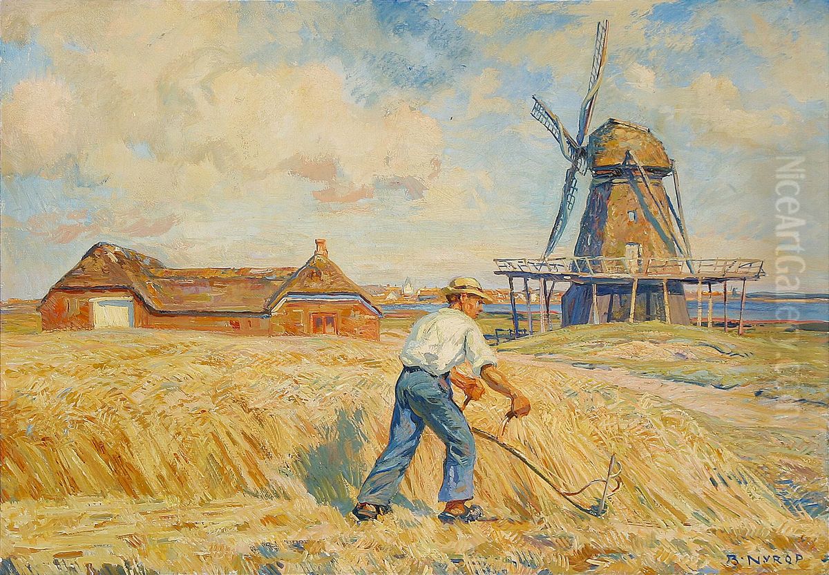 Harvesting by the mill. Oil Painting by Borge Nyrop