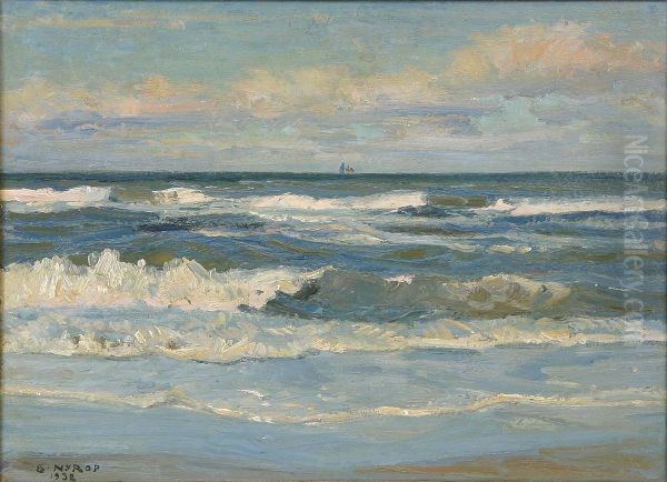 Breakers with ship. Oil Painting by Borge Nyrop