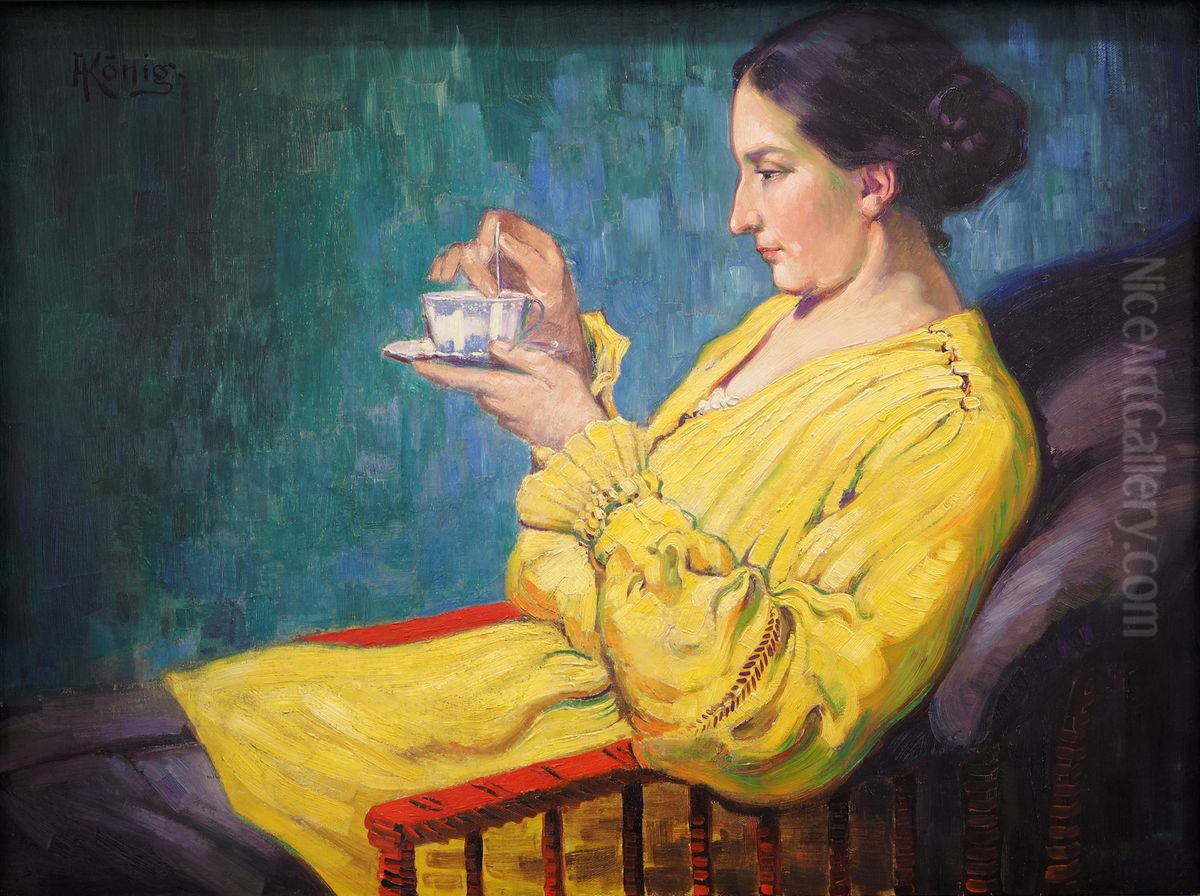Woman with Tea Cup (Dorothea Konig) Oil Painting by Albert Konig