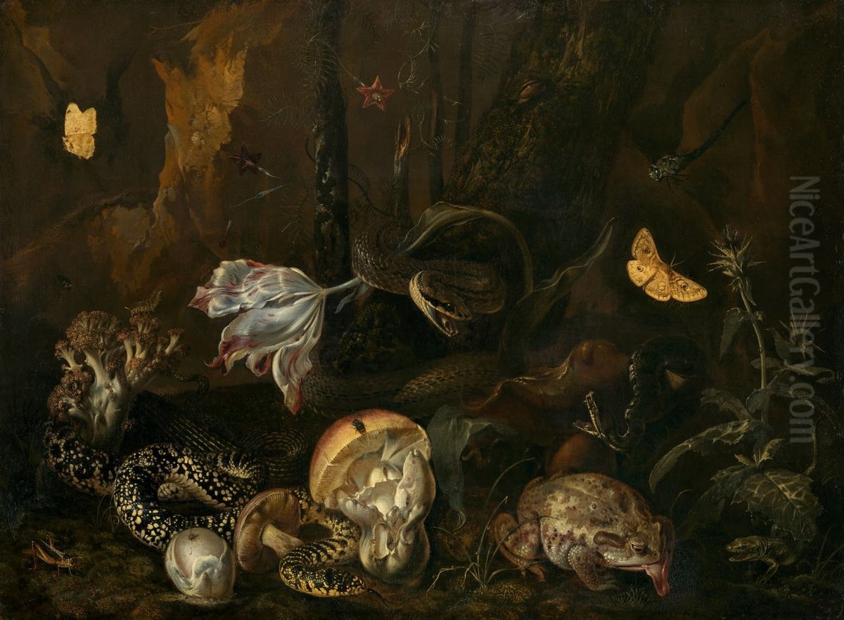 Forest floor still life with insects and amphibians Oil Painting by Otto Marseus van Schrieck