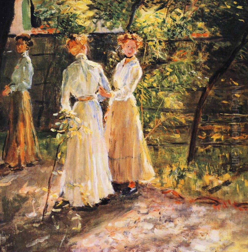 The three daughters of the artist in the garden Oil Painting by Fritz von Uhde