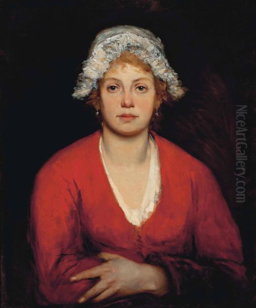 Portrait of a girl in a red dress Oil Painting by Fritz von Uhde