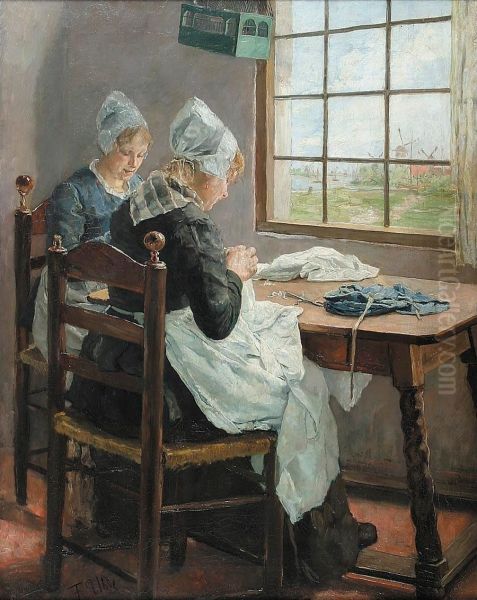 Dutch seamstressesm (Sisters in the sewing room) Oil Painting by Fritz von Uhde