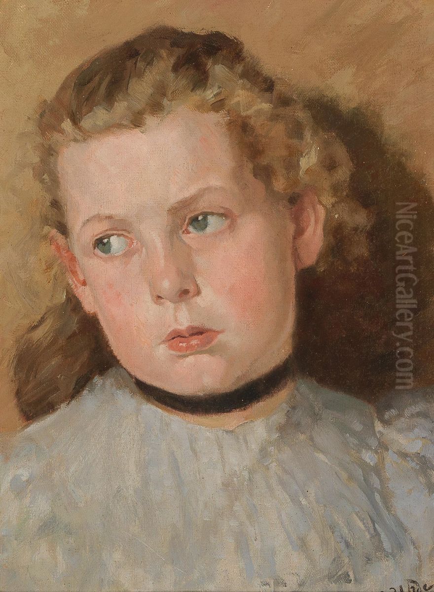 Portrait of a girl with a black choker Oil Painting by Fritz von Uhde