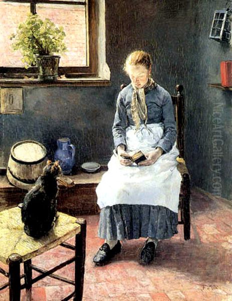 Madchen in der Kuche / Lesendes Madchen mit Katze Oil Painting by Fritz von Uhde