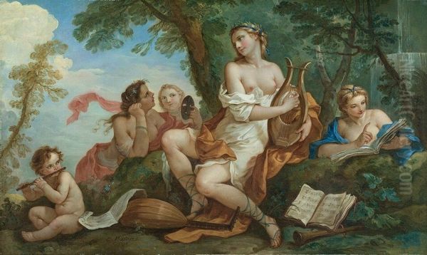 Erato Serenading Thalia, Euterpe, and Melpomene Oil Painting by Charles-Joseph Natoire