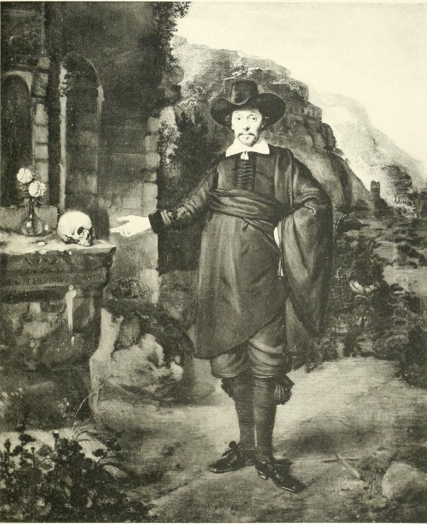 Portrait of a man by a ruin, pointing at a skull and a vase with flowers Oil Painting by Herman Doncker