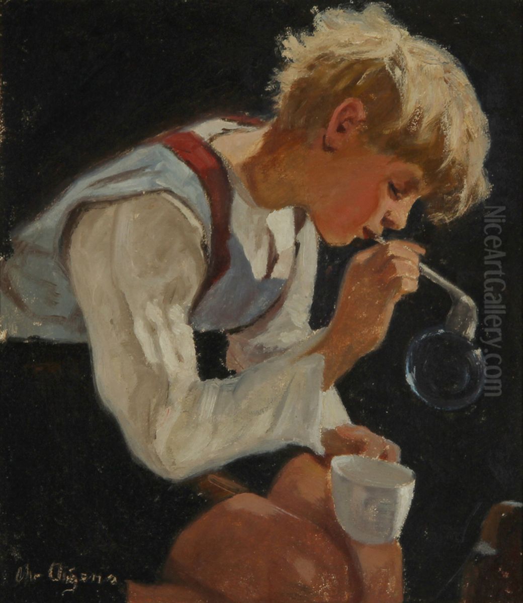 Dreng, der blaeser saebebobler. Oil Painting by Christian Aigens