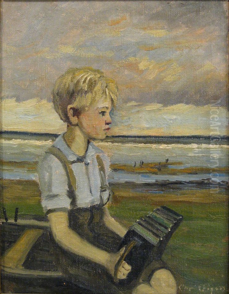 A boy with an accordeon. Oil Painting by Christian Aigens
