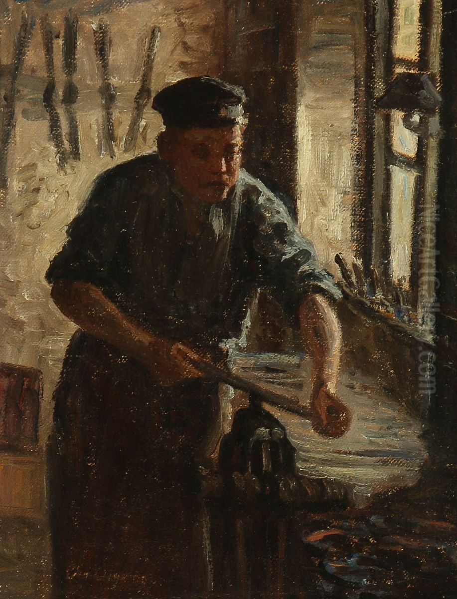 En handvaerker i sit vaerksted. Oil Painting by Christian Aigens
