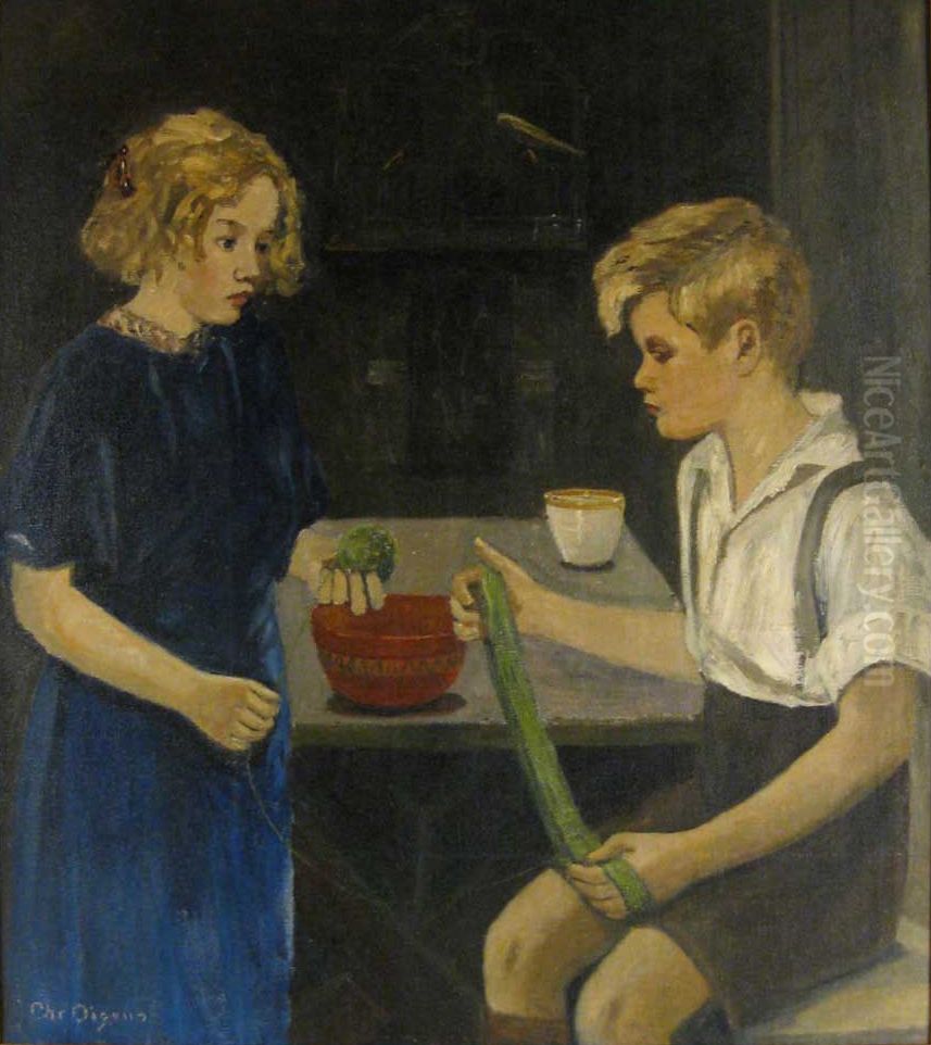 A girl and a boy with yarn. Oil Painting by Christian Aigens
