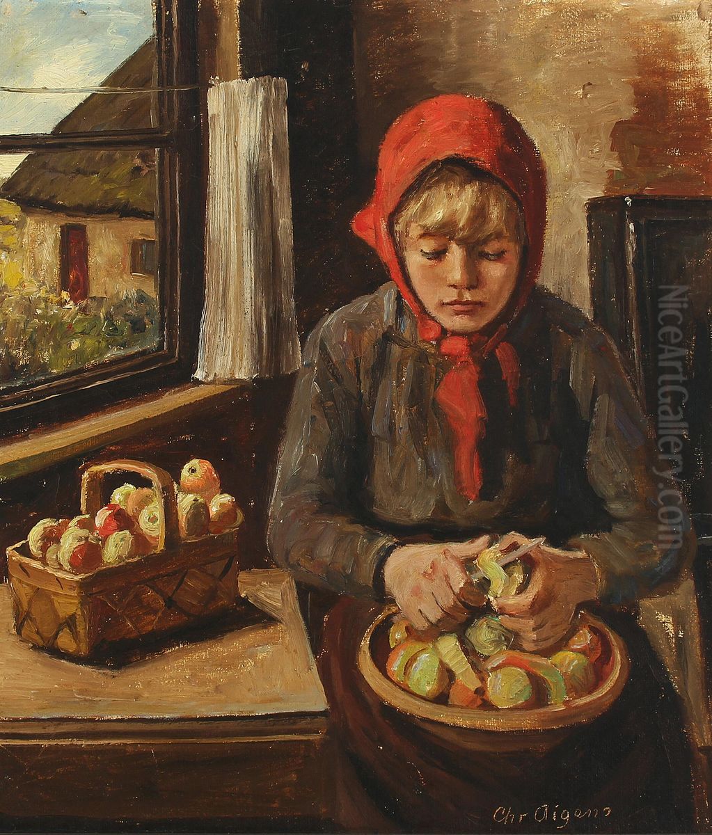 En pige skraeller aebler. Oil Painting by Christian Aigens