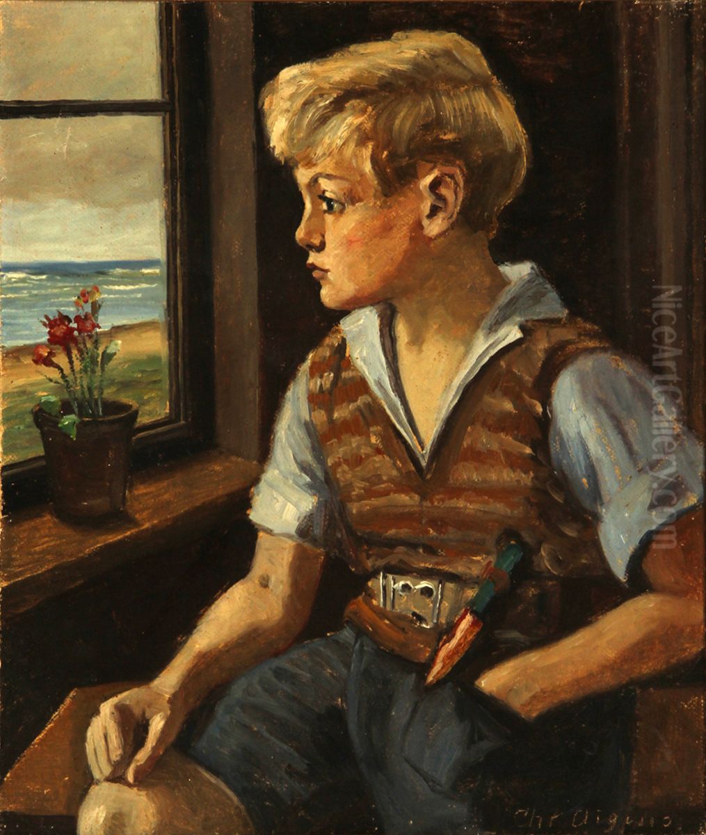 Interior med dreng der kigger ud af vindue. Oil Painting by Christian Aigens