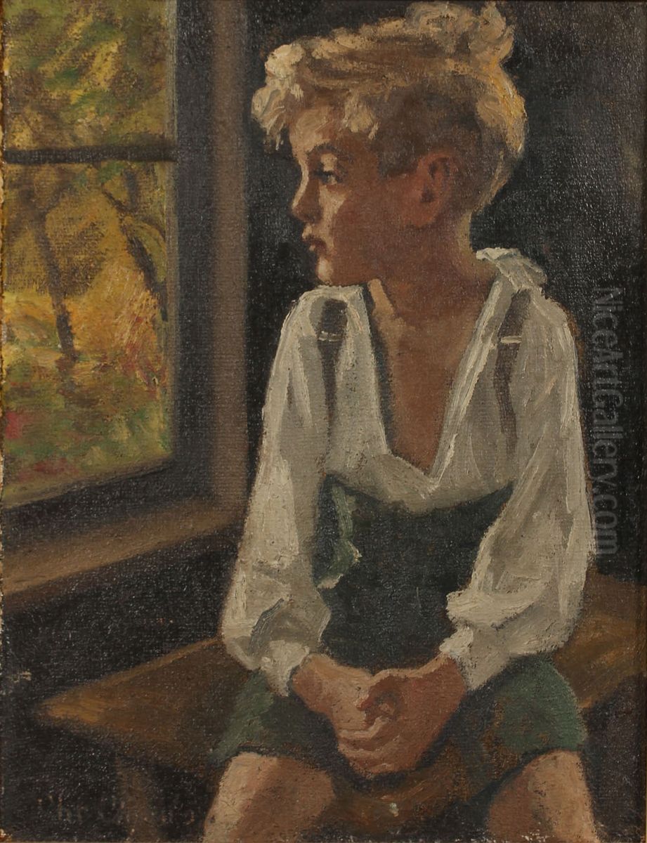 Interior med dreng ved vindue. Oil Painting by Christian Aigens