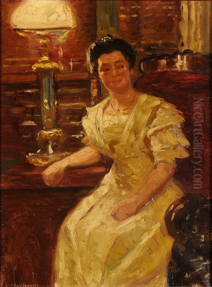 Interior with a woman and a lamp. Oil Painting by Christian Aigens