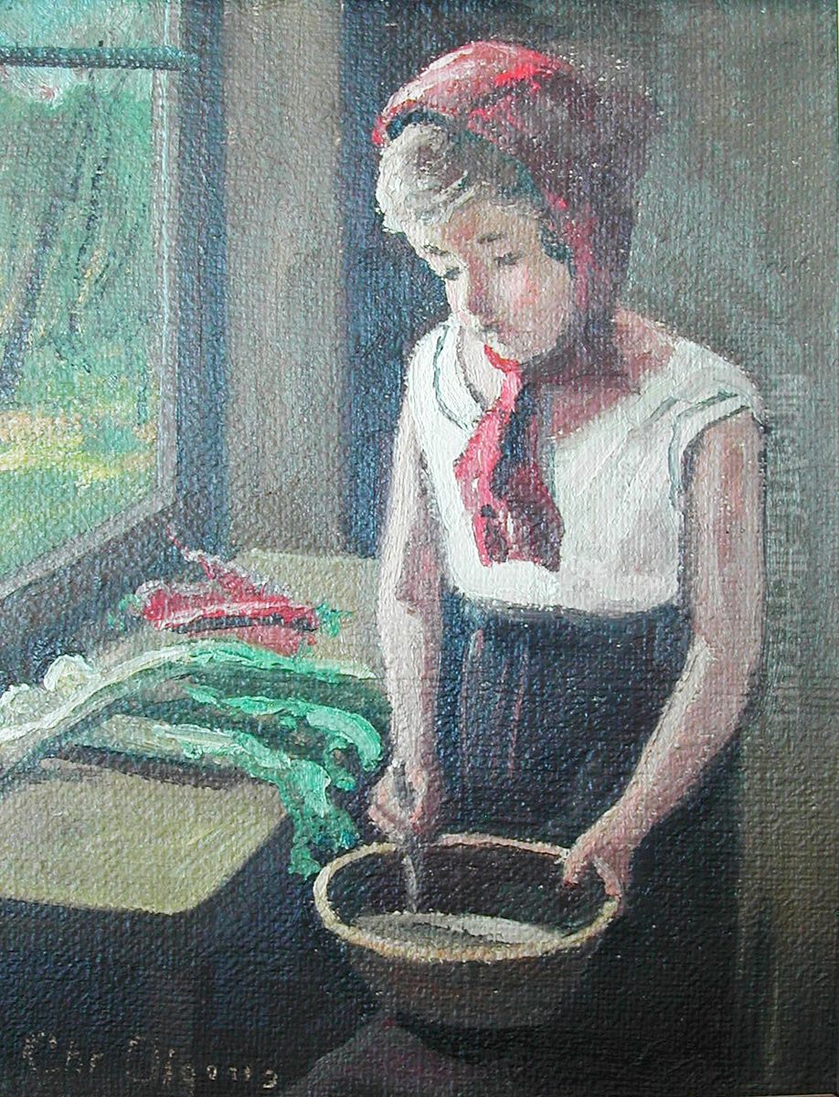 Interior med lille pige. Oil Painting by Christian Aigens