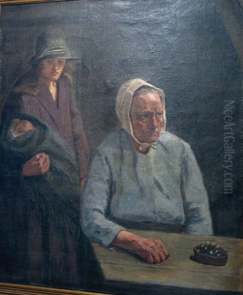 Interior showing three generations. Oil Painting by Christian Aigens