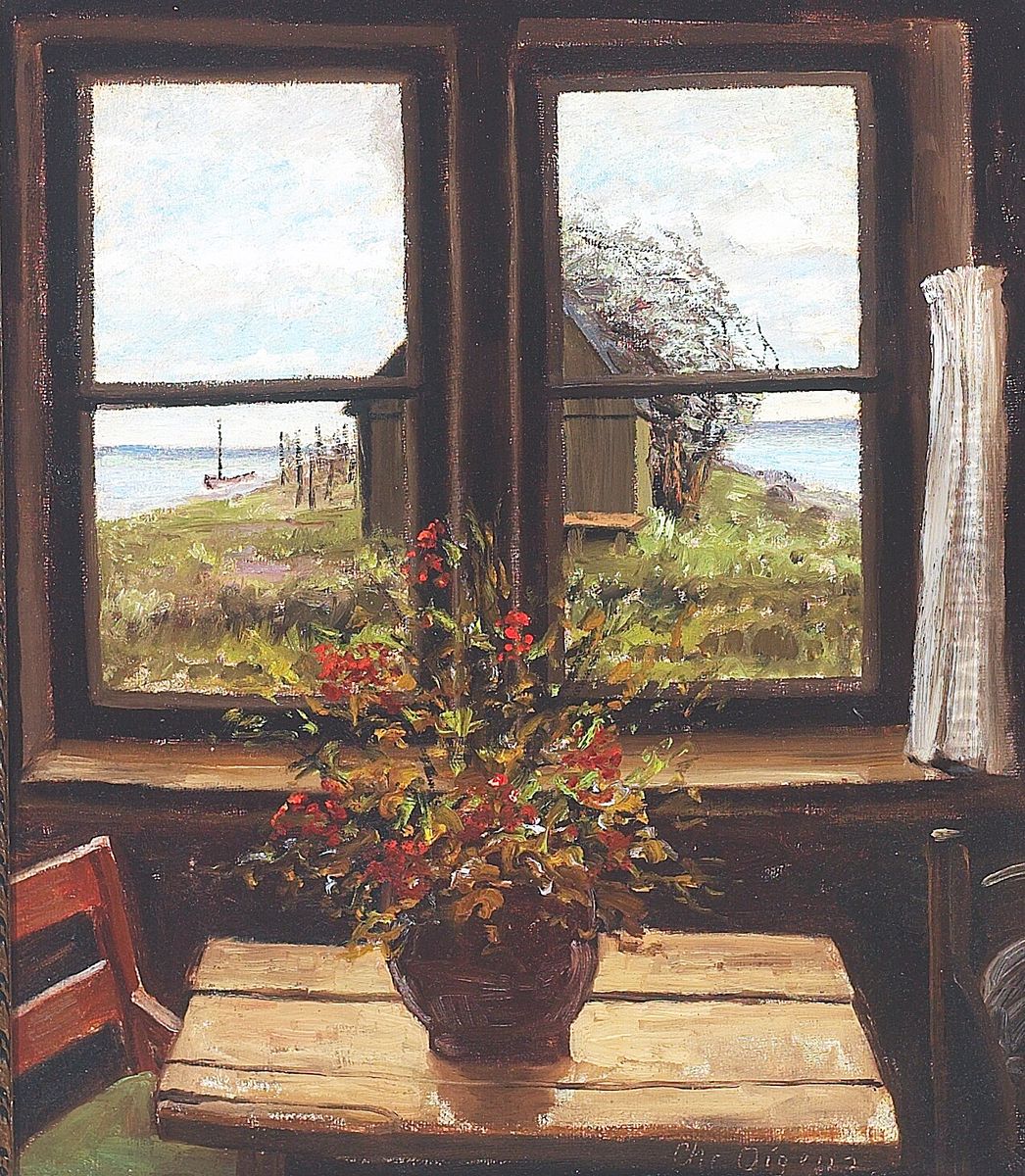 Interior with a view of the sea. Oil Painting by Christian Aigens