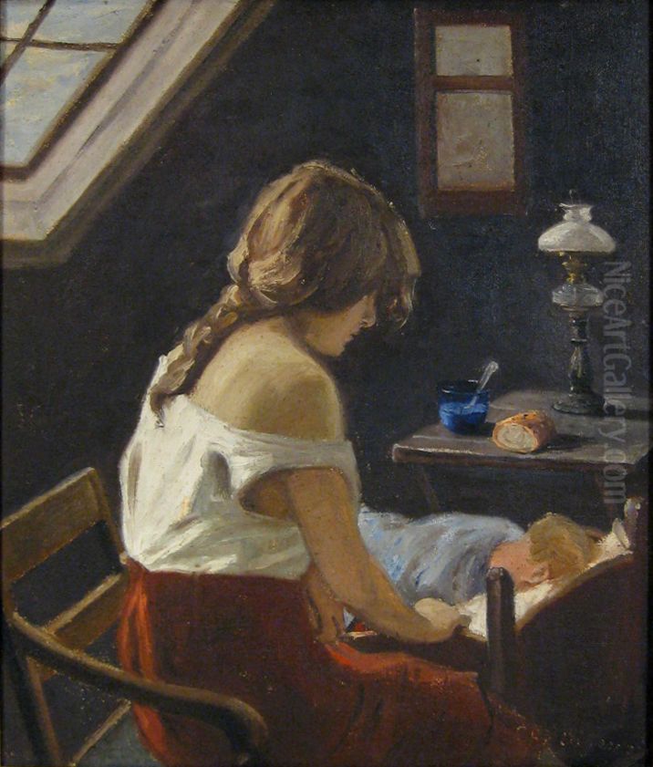 Interior med ung kvinde og sovende barn. Oil Painting by Christian Aigens