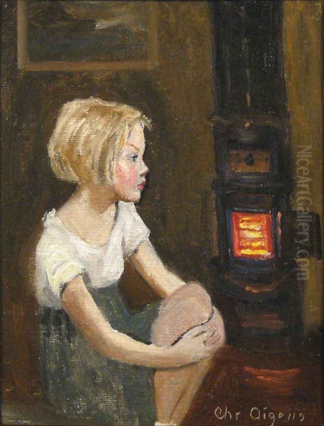 Komposition med ung pige ved braendeovn. Oil Painting by Christian Aigens