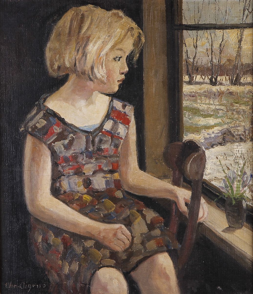 Komposition med ung pige ved vindue. Oil Painting by Christian Aigens