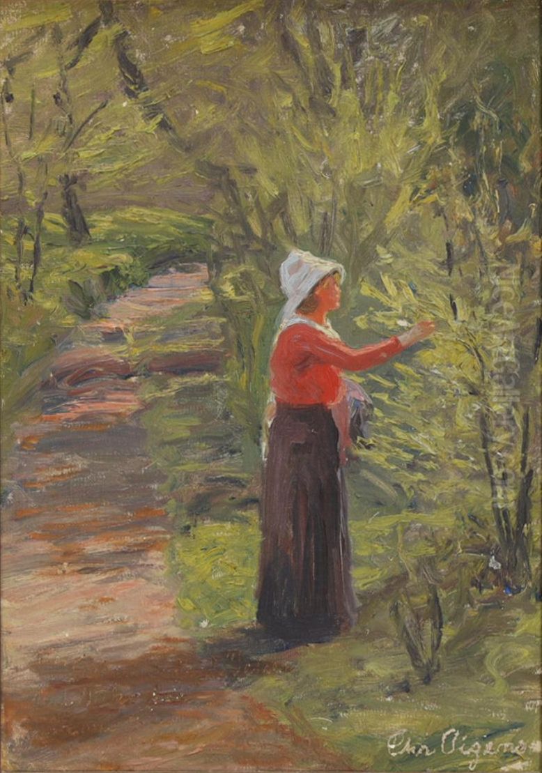 A woman picking a branch. Oil Painting by Christian Aigens