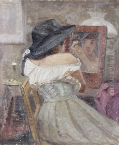 Kvinde med hat foran spejl. Oil Painting by Christian Aigens