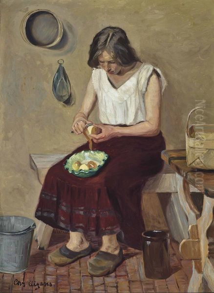 Kvinde skraeller kartofler. Oil Painting by Christian Aigens