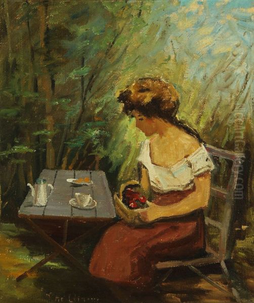 Kvinde ved et havebord. Oil Painting by Christian Aigens