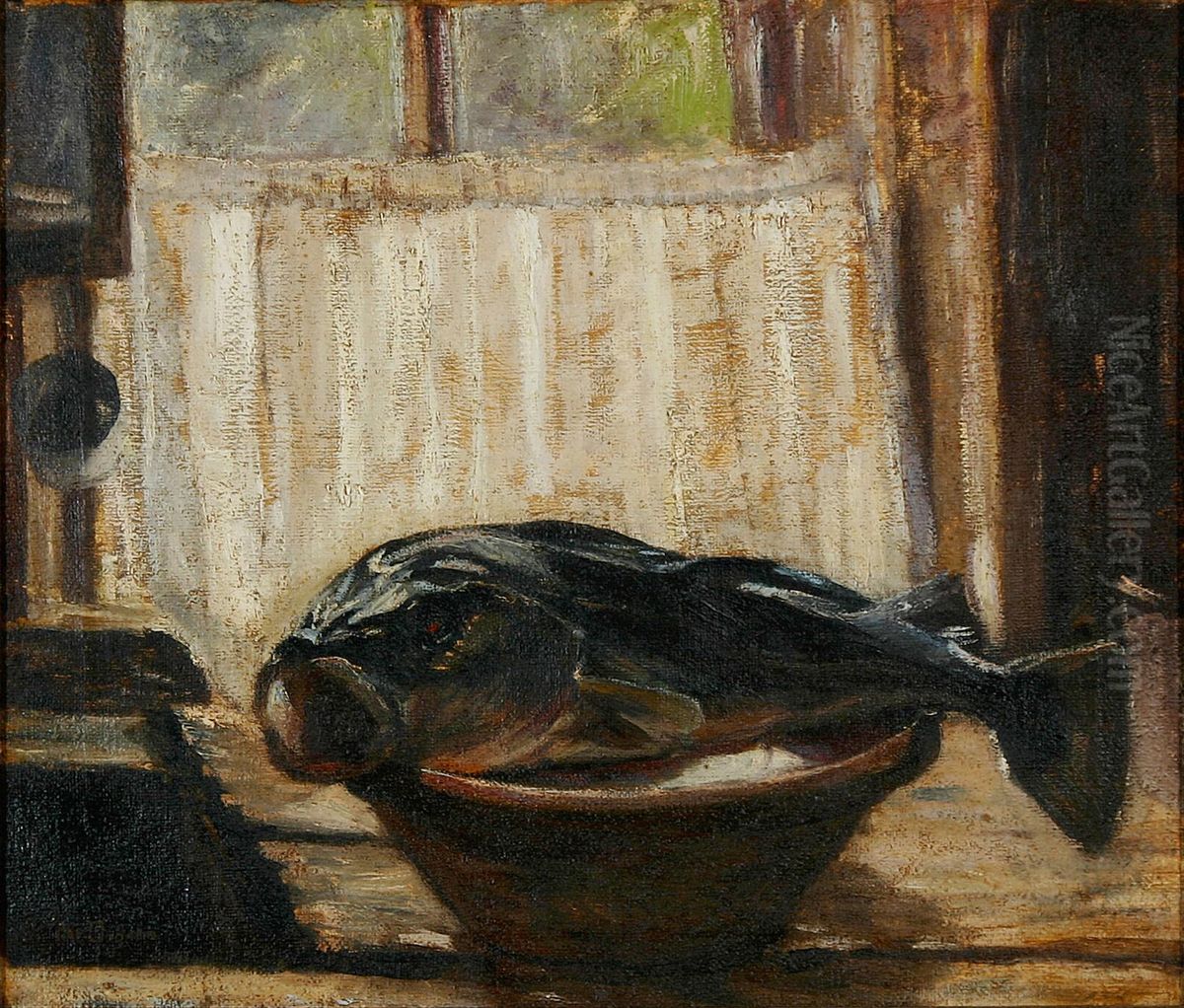 Nature morte med fisk. Oil Painting by Christian Aigens