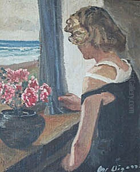 Pige foran et vindue. Oil Painting by Christian Aigens