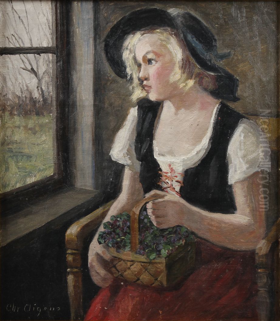 A young woman with flowers in a basket. Oil Painting by Christian Aigens