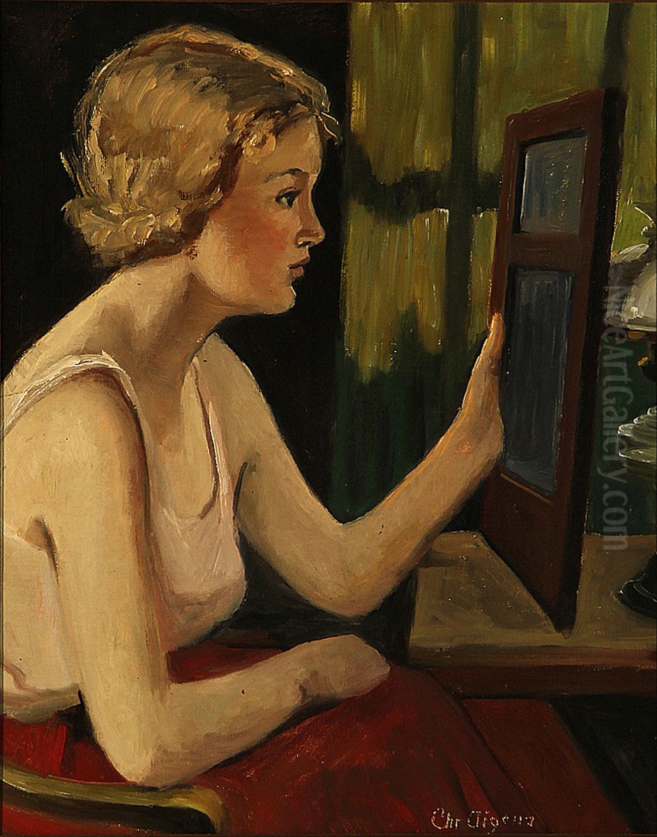 A young woman looking in a mirror. Oil Painting by Christian Aigens