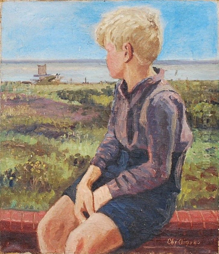 A boy looking at the sea. Oil Painting by Christian Aigens