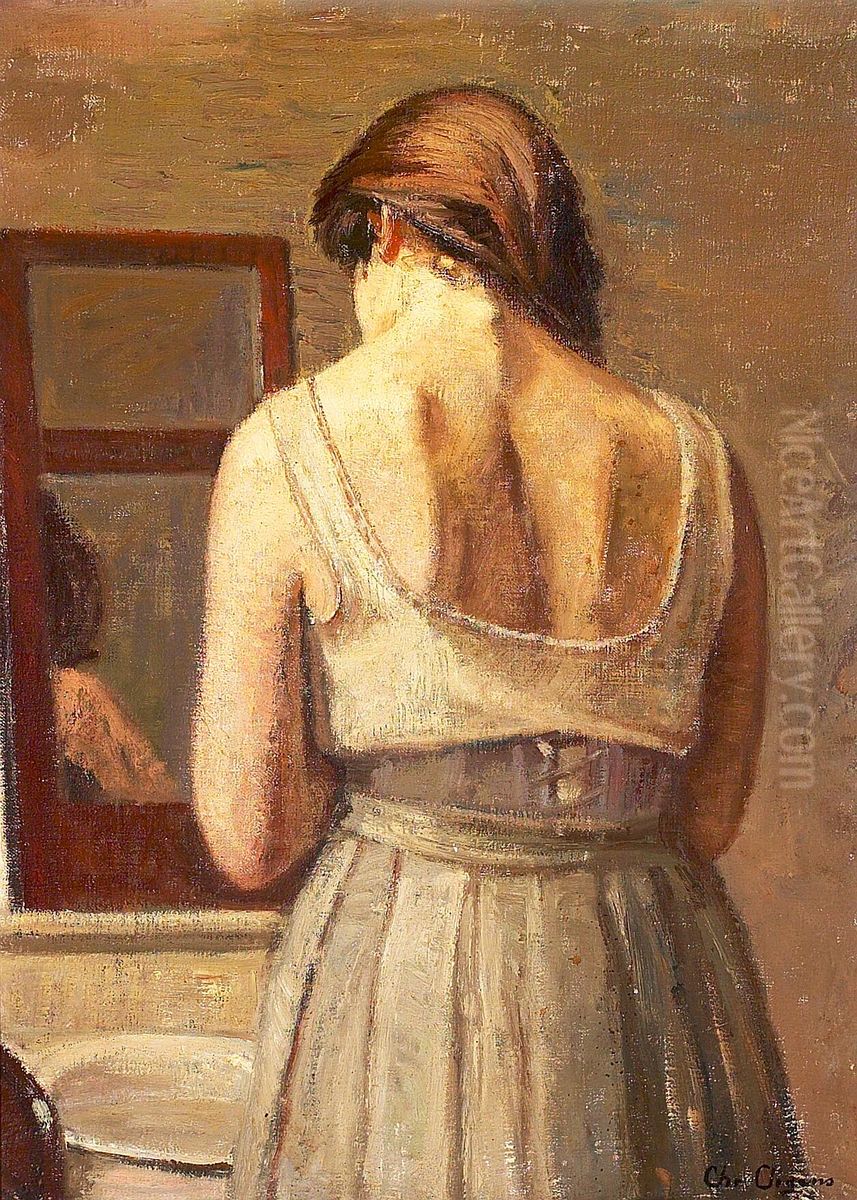 Woman seen from behind at a washstand. Oil Painting by Christian Aigens