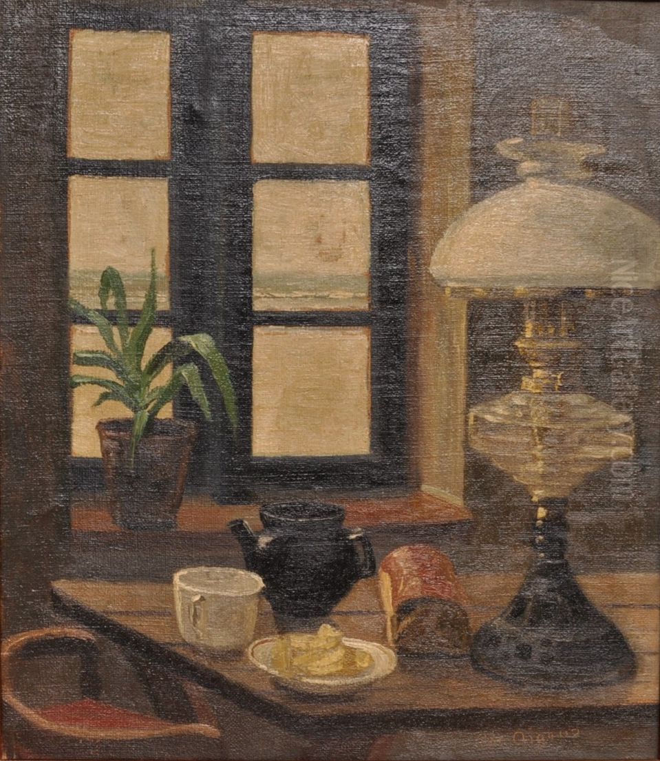 Stueinterior med vinduesudsigt til havet. Oil Painting by Christian Aigens